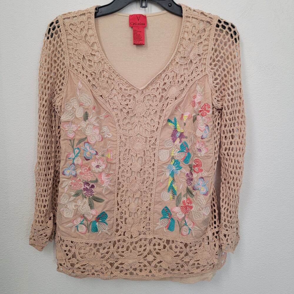 V Cristina Crocheted‎ Embroidered Long Sleeve Boho Top Sz Large VTG Y2K Floral